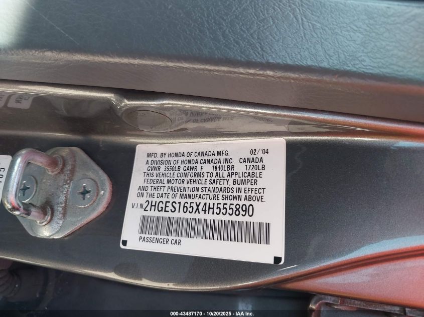 2004 Honda Civic Lx VIN: 2HGES165X4H555890 Lot: 43487170