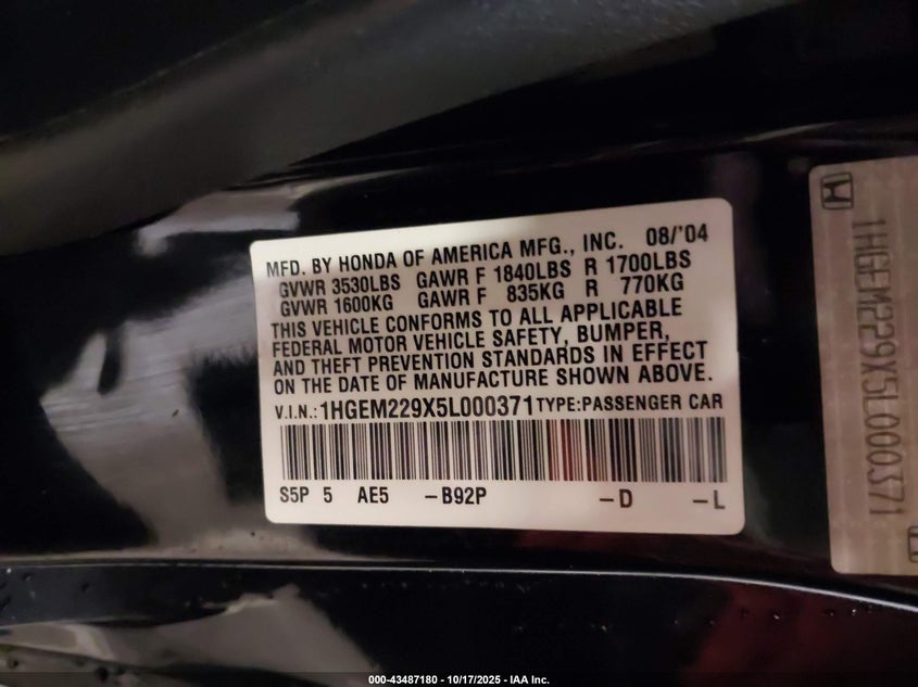 1HGEM229X5L000371 2005 HONDA CIVIC photo no. 9