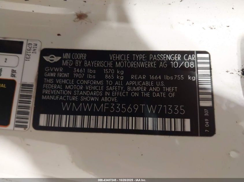 2009 Mini Cooper VIN: WMWMF33569TW71335 Lot: 43487245