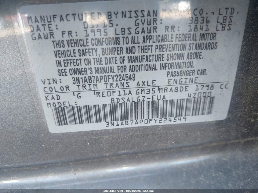 2015 NISSAN SENTRA SL 3N1AB7AP0FY224549