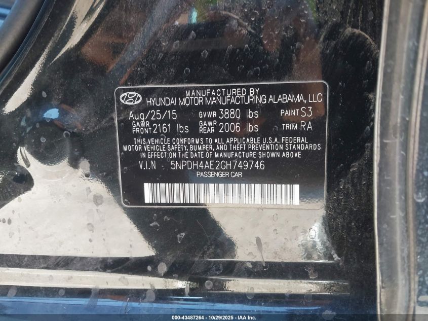 2016 Hyundai Elantra Se VIN: 5NPDH4AE2GH749746 Lot: 43487264