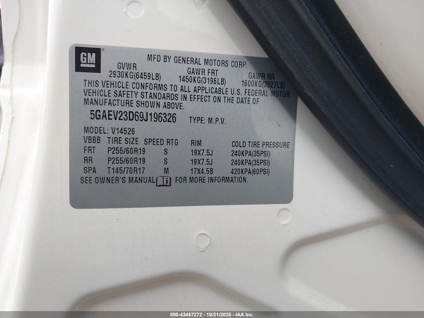 2009 Buick Enclave Cxl VIN: 5GAEV23D69J196326 Lot: 43487272