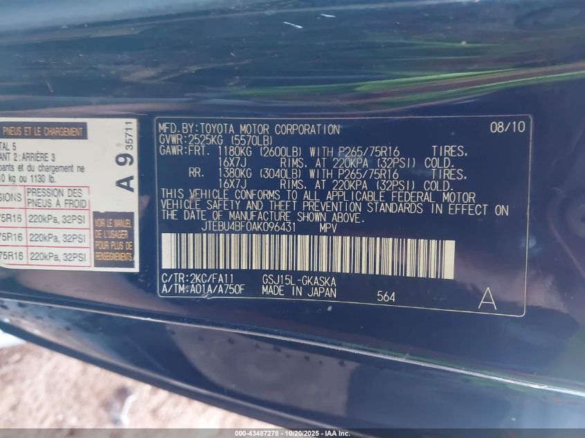 2010 Toyota Fj Cruiser VIN: JTEBU4BF0AK096431 Lot: 43487278