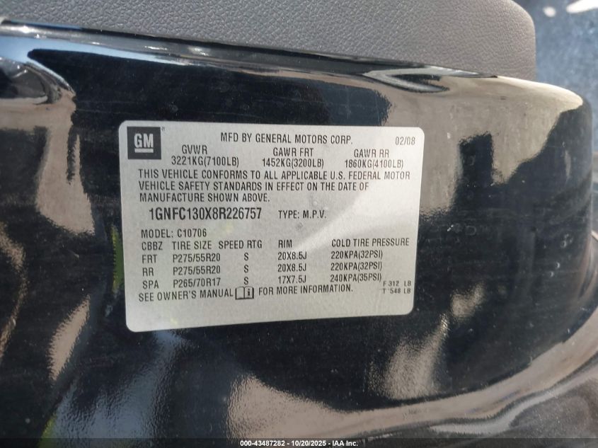 2008 Chevrolet Tahoe Lt VIN: 1GNFC130X8R226757 Lot: 43487282