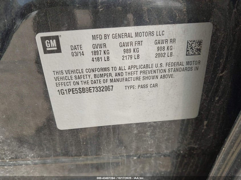 2014 CHEVROLET CRUZE 2LT AUTO 1G1PE5SB9E7332067