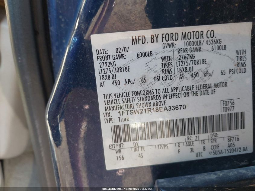 2008 Ford F-250 Fx4/Harley-Davidson/King Ranch/Lariat/Xl/Xlt VIN: 1FTSW21R18EA33670 Lot: 43487294