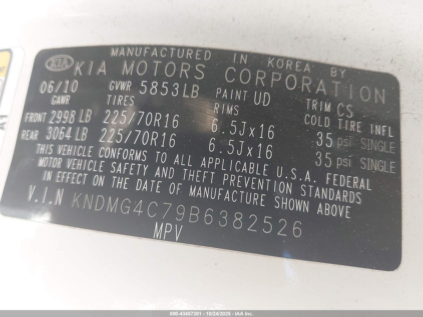 2011 Kia Sedona Lx VIN: KNDMG4C79B6382526 Lot: 43487301