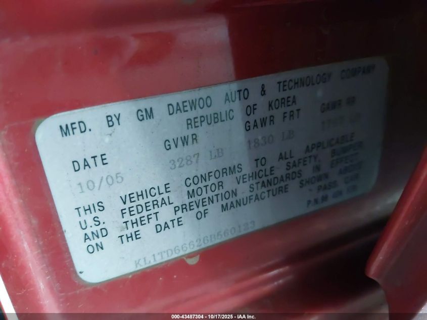 2006 Chevrolet Aveo Ls VIN: KL1TD66626B560123 Lot: 43487304