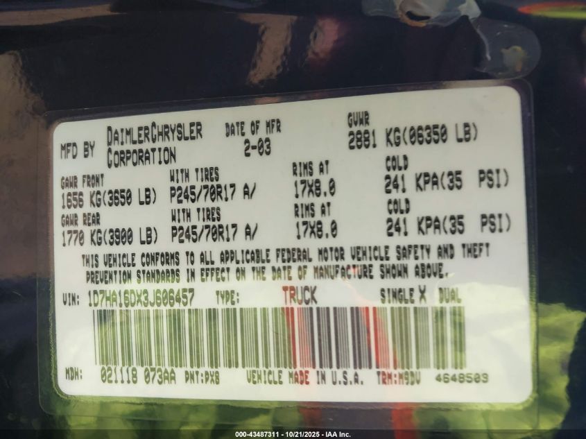 2003 Dodge Ram 1500 Slt/Laramie/St VIN: 1D7HA16DX3J606457 Lot: 43487311