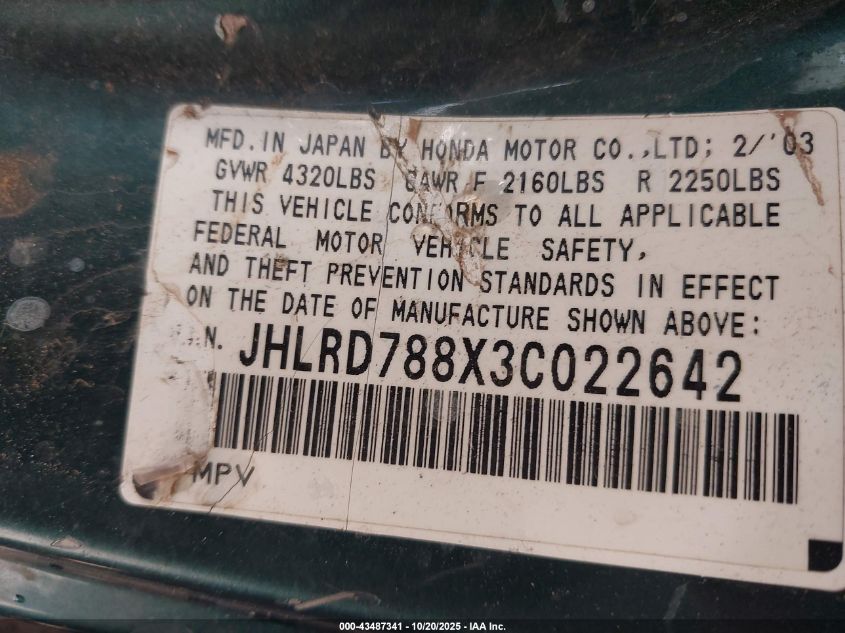 2003 Honda Cr-V Ex VIN: JHLRD788X3C022642 Lot: 43487341