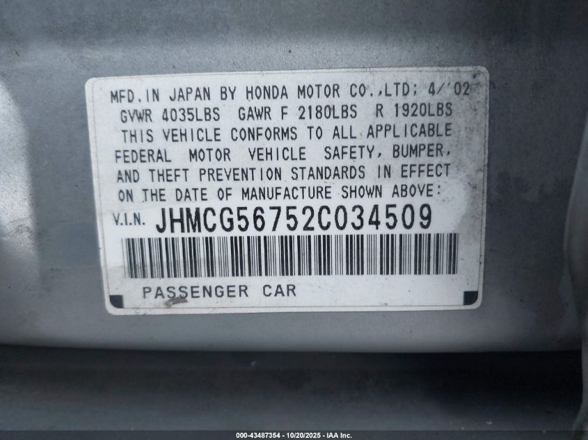 2002 Honda Accord 2.3 Se VIN: JHMCG56752C034509 Lot: 43487354