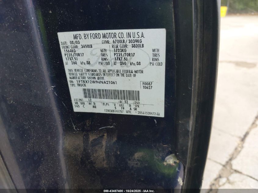2004 Ford F-150 Stx/Xl/Xlt VIN: 1FTRX12W94NA21061 Lot: 43487400