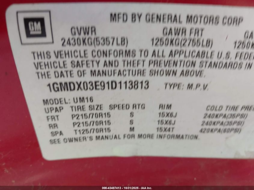 2001 Pontiac Montana M16 W/1Se Pkg. VIN: 1GMDX03E91D113813 Lot: 43487413