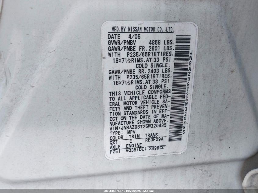 2005 Nissan Murano Sl VIN: JN8AZ08T25W320485 Lot: 43487457