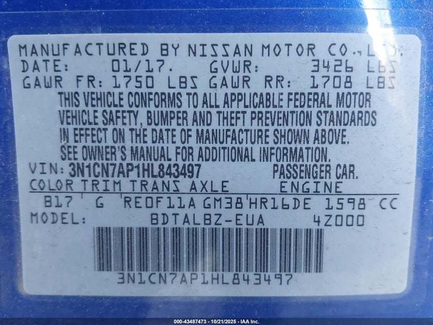 2017 NISSAN VERSA 1.6 SV 3N1CN7AP1HL843497