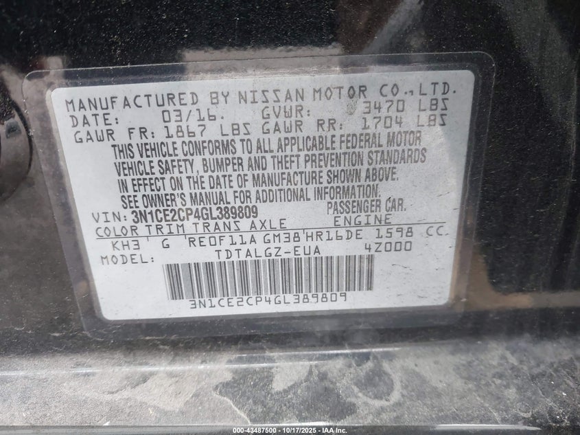 2016 NISSAN VERSA NOTE SR 3N1CE2CP4GL389809