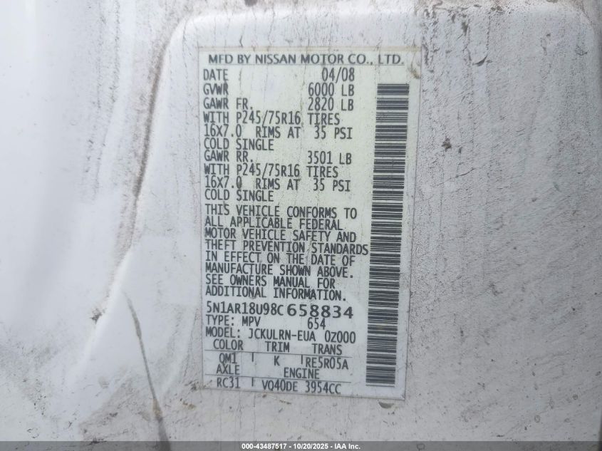 2008 Nissan Pathfinder S VIN: 5N1AR18U98C658834 Lot: 43487517