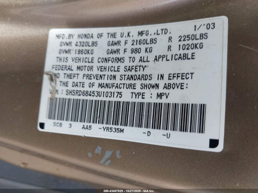 2003 Honda Cr-V Lx VIN: SHSRD68453U103175 Lot: 43487529