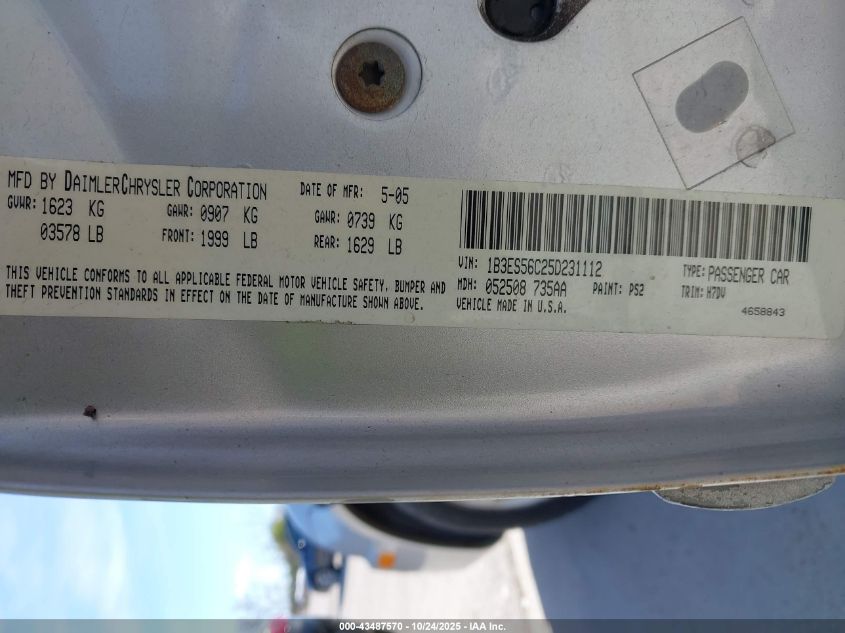 2005 Dodge Neon Sxt VIN: 1B3ES56C25D231112 Lot: 43487570