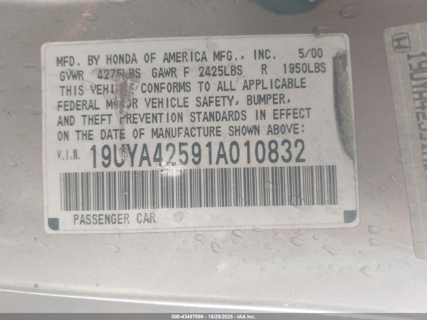 2001 Acura Cl 3.2 VIN: 19UYA42591A010832 Lot: 43487596