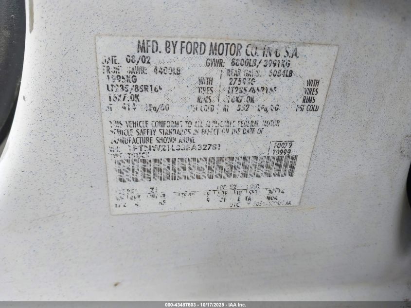 2003 Ford F-250 Lariat/Xl/Xlt VIN: 1FTNW21L33EA32781 Lot: 43487603