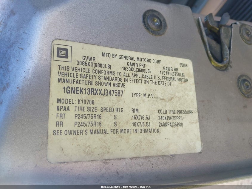 1GNEK13RXXJ347587 1999 CHEVROLET TAHOE photo no. 9