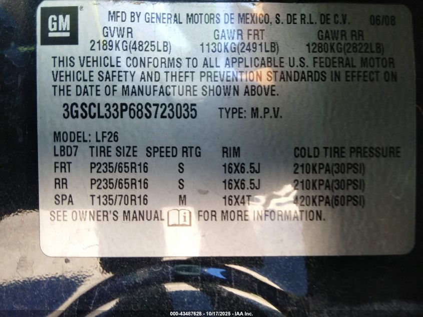 2008 Saturn Vue 4-Cyl Xe VIN: 3GSCL33P68S723035 Lot: 43487628