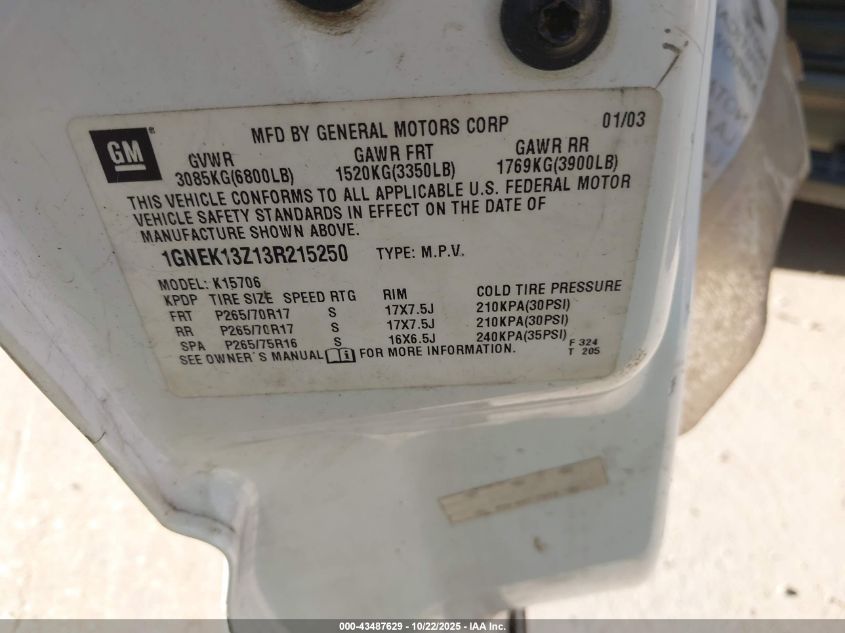 2003 Chevrolet Tahoe Z71 VIN: 1GNEK13Z13R215250 Lot: 43487629