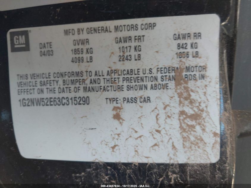 2003 Pontiac Grand Am Gt VIN: 1G2NW52E63C315290 Lot: 43487634