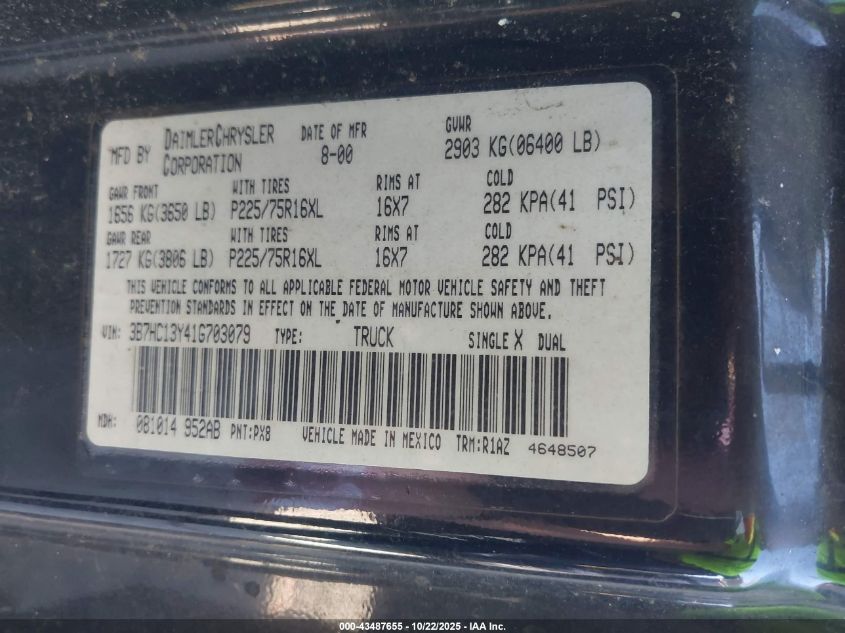 2001 Dodge Ram 1500 St VIN: 3B7HC13Y41G703079 Lot: 43487655