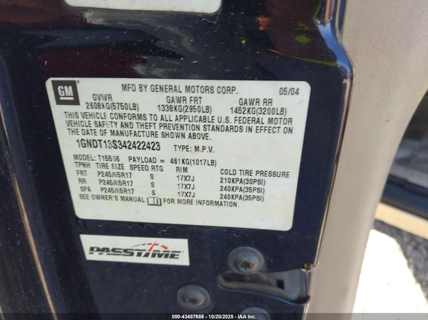 2004 Chevrolet Trailblazer Lt VIN: 1GNDT13S342422423 Lot: 43487686