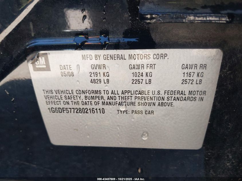 2008 Cadillac Cts Standard VIN: 1G6DF577280216110 Lot: 43487689
