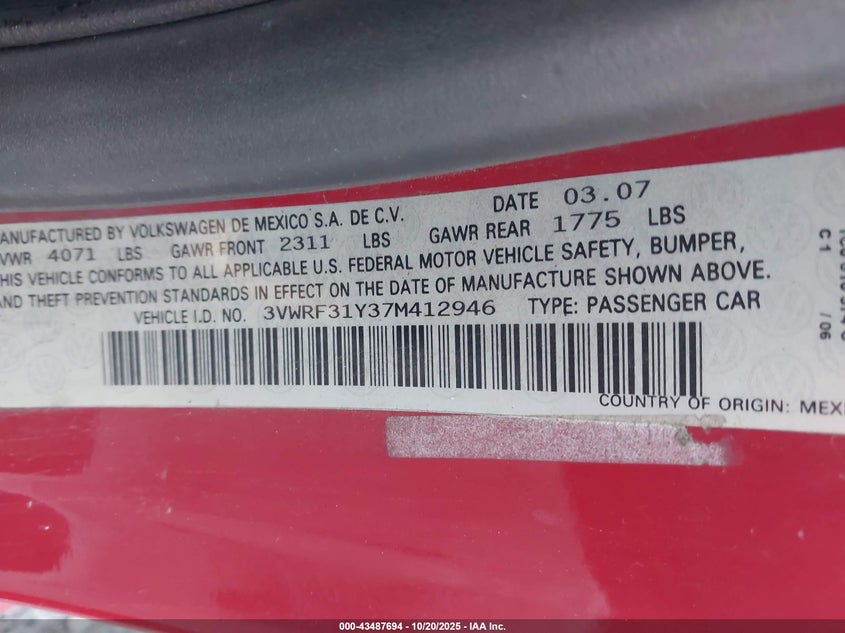 3VWRF31Y37M412946 2007 VOLKSWAGEN BEETLE photo no. 9