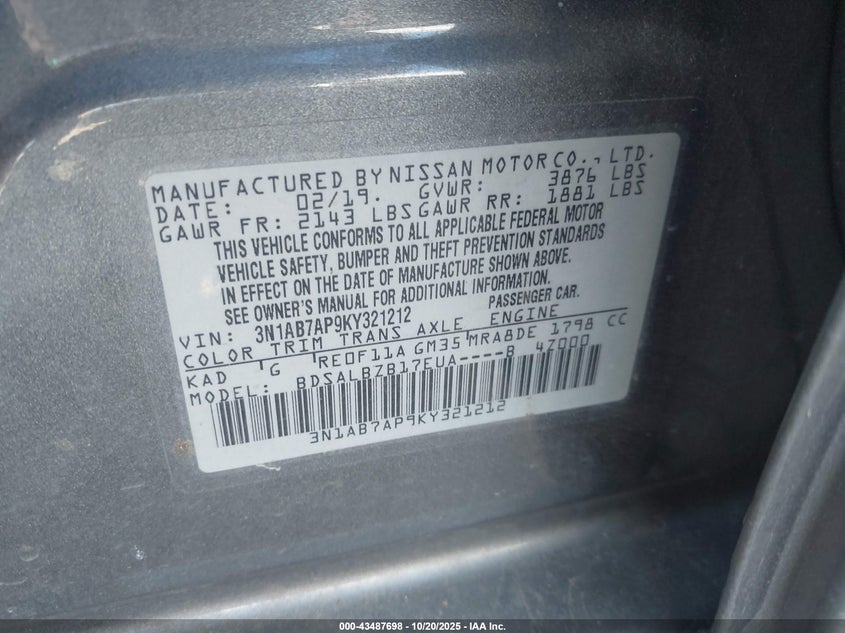 2019 NISSAN SENTRA S 3N1AB7AP9KY321212