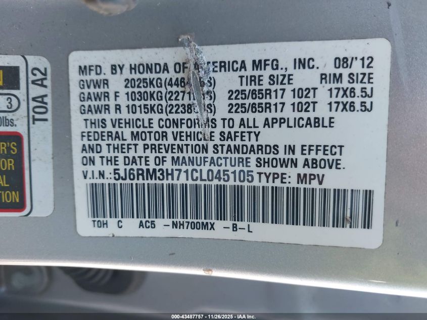 2012 Honda Cr-V Ex-L VIN: 5J6RM3H71CL045105 Lot: 43487757