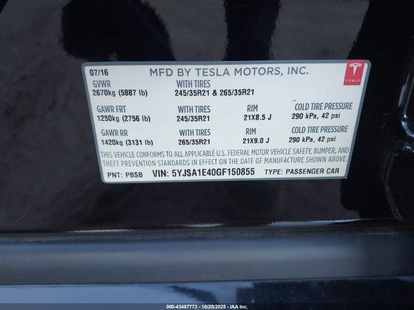 2016 Tesla Model S 90D/P100D/P85D/P90D VIN: 5YJSA1E40GF150855 Lot: 43487773