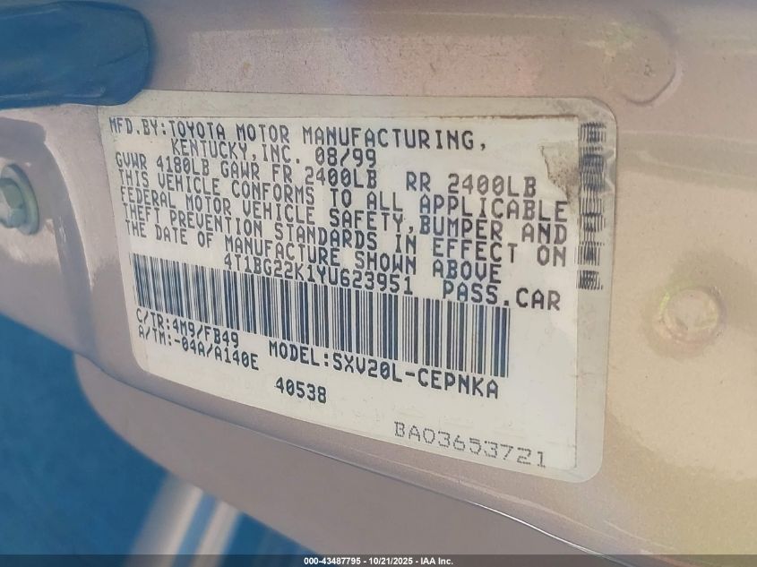 2000 Toyota Camry Le VIN: 4T1BG22K1YU623951 Lot: 43487795