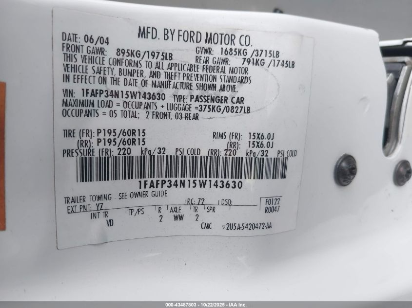 2005 Ford Focus Zx4 VIN: 1FAFP34N15W143630 Lot: 43487803