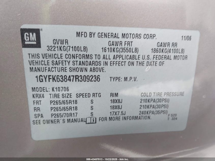 2007 Cadillac Escalade Standard VIN: 1GYFK63847R309236 Lot: 43487813