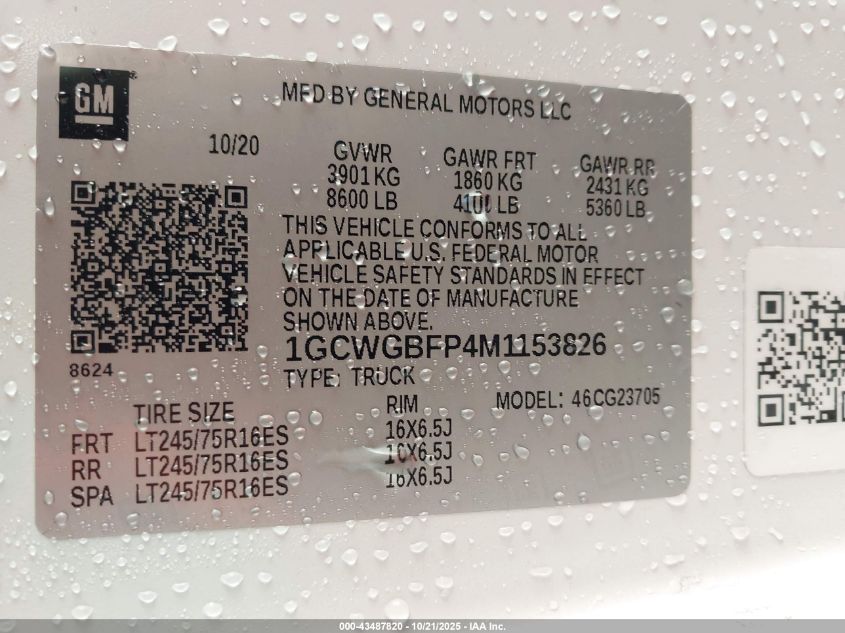2021 Chevrolet Express Cargo Rwd 2500 Extended Wheelbase Wt VIN: 1GCWGBFP4M1153826 Lot: 43487820