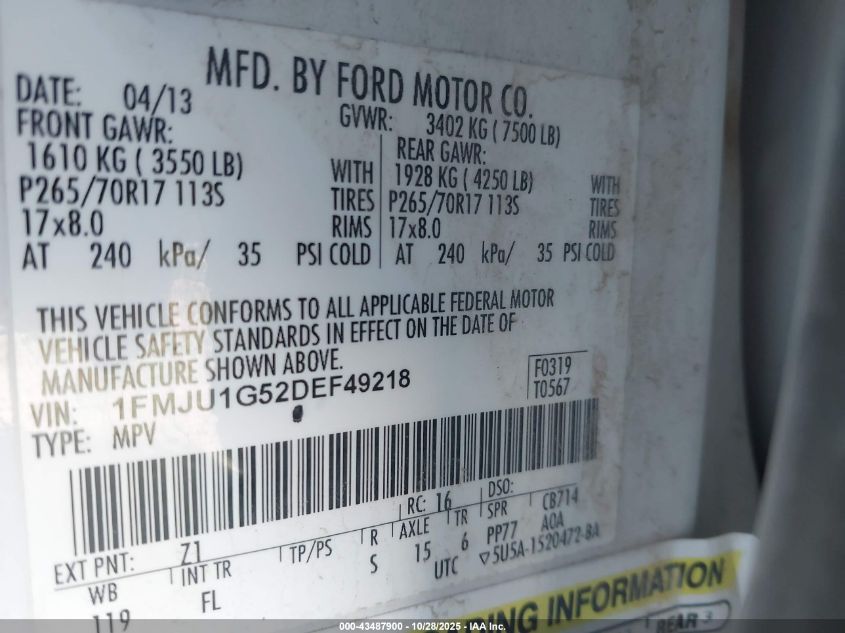 2013 Ford Expedition Xl VIN: 1FMJU1G52DEF49218 Lot: 43487900