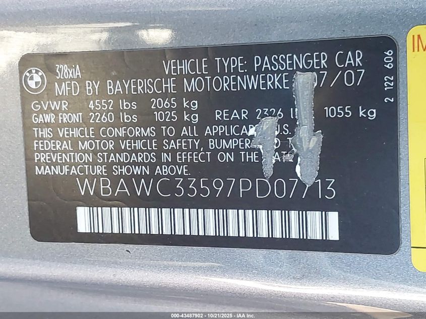 2007 BMW 328Xi VIN: WBAWC33597PD07713 Lot: 43487902