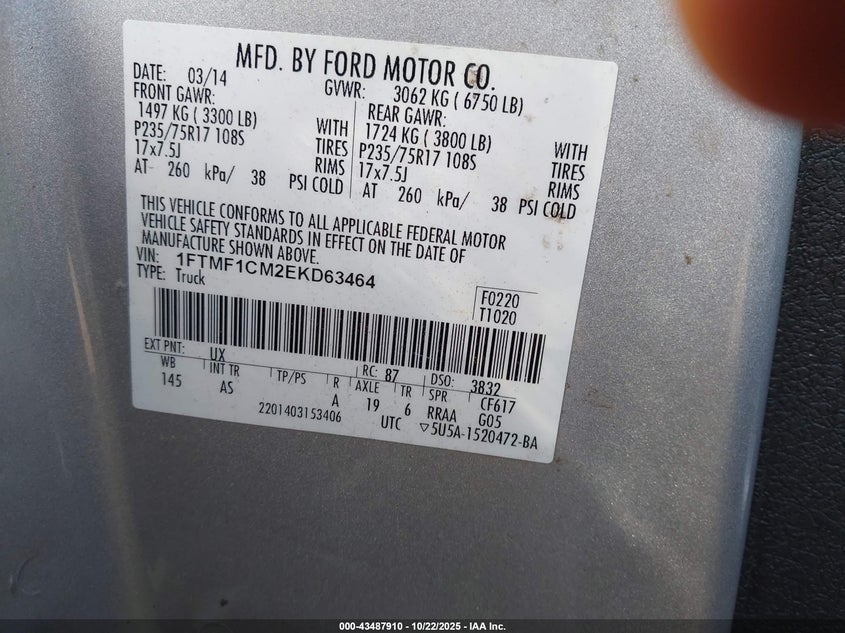 2014 Ford F-150 Xl VIN: 1FTMF1CM2EKD63464 Lot: 43487910