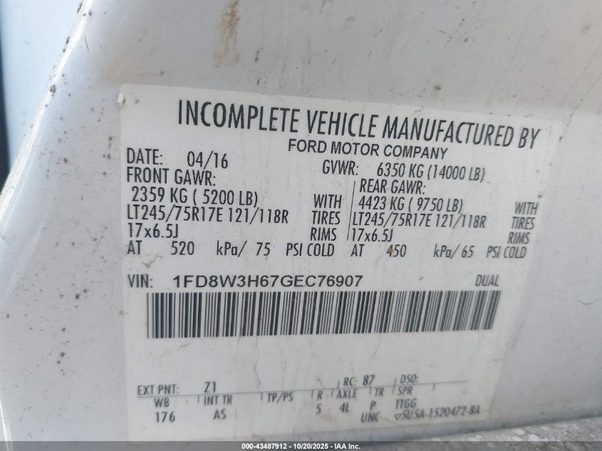 2016 Ford F-350 Chassis Xl VIN: 1FD8W3H67GEC76907 Lot: 43487912