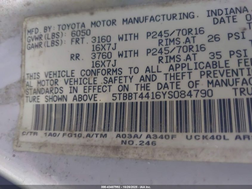 2000 Toyota Tundra Sr5 V8 VIN: 5TBBT4416YS084790 Lot: 43487992