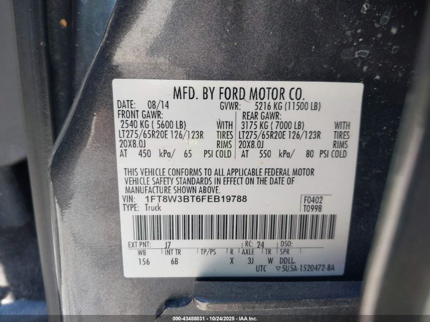 2015 Ford F-350 Lariat VIN: 1FT8W3BT6FEB19788 Lot: 43488031