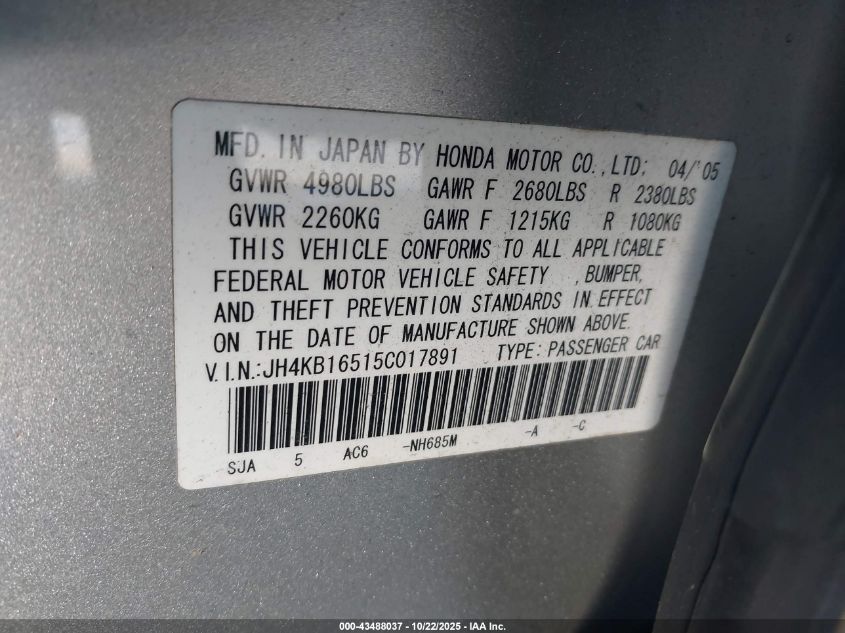 2005 Acura Rl 3.5 VIN: JH4KB16515C017891 Lot: 43488037