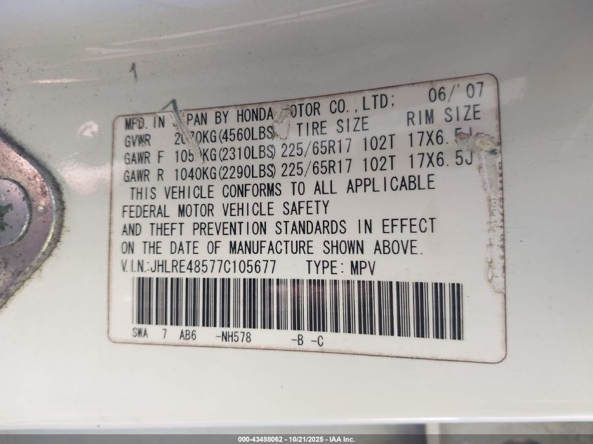 2007 Honda Cr-V Ex VIN: JHLRE48577C105677 Lot: 43488062