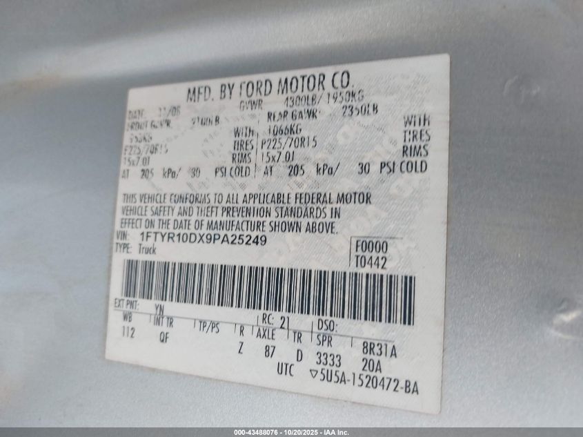 2009 Ford Ranger Sport/Xl/Xlt VIN: 1FTYR10DX9PA25249 Lot: 43488076