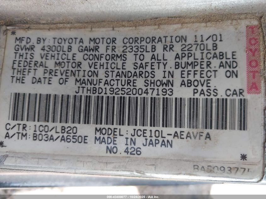 2002 Lexus Is 300 VIN: JTHBD192520047193 Lot: 43488077